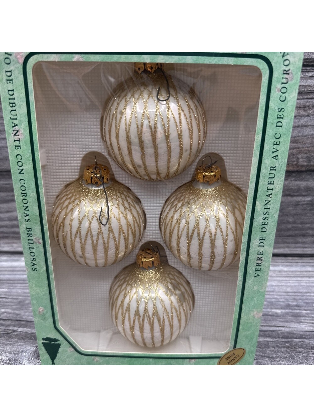 Vtg Krebs Glass Christmas Ornaments Hand Decorated Boxed Set 4 Gold